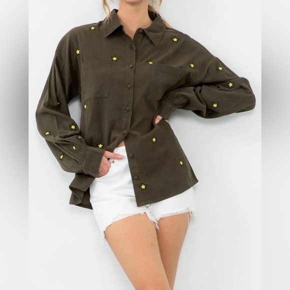 THML Olive Green Corduroy with Embroidered Stars Button Down Top Size Small - Picture 1 of 8